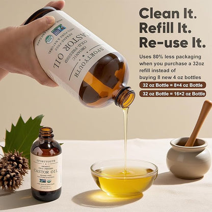 SPORTYOUTH Organic Castor Oil Cold Pressed Hexane Free 32 oz Glass Bottle USDA Certified 100% Pure Unrefined Carrier Oil for Hair Growth, Scalp, Castor Oil Pack, Eyelashes, Brows, Skin, Face, Body