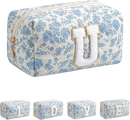 JOVAKIT Alphabet Makeup Bag Cosmetic Bag for Women, Christmas Gifts for Girls Age 6-18, Floral Flowers Coquette Travel Toiletry Zipper Make Up Pouch Organizer Trendy Stuff (Blue Floral U)