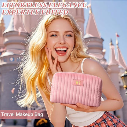 Monogrammed Make Up Bags for Women,Personalized Cosmetic Bags Women,Small Quilted Makeup Pouch,Cute Makeup Bag Travel,Birthday Gifts for Teen Girl (Pink H)
