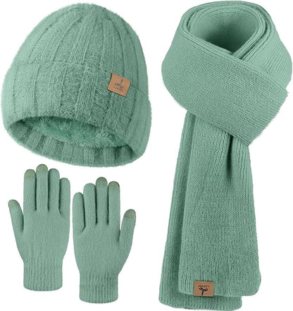 Winter Beanie Hat Scarf Gloves, Warm Fleece Knit Hat Long Scarf Neck Warmer Touch Screen Winter Gloves Set Gifts for Women