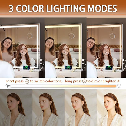 Hasipu Vanity Mirror with Lights, 37" x 26" LED Makeup Mirror, Lighted Makeup Mirror with Dimmable 3 Modes, Touch Screen Control Vanity Mirror Square White