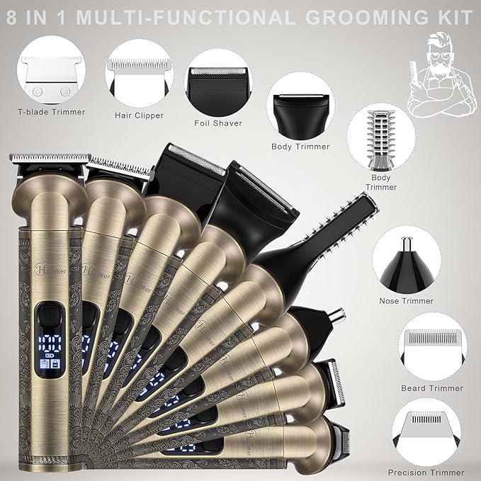 Hatteker Beard Trimmer Kit Professional Hair Clipper Zero Gapped T-Blade Electric Razor Shaver for Nose Ear Body Face Mustache Trimmer for Men Cordless Grooming Kit 8 in 1