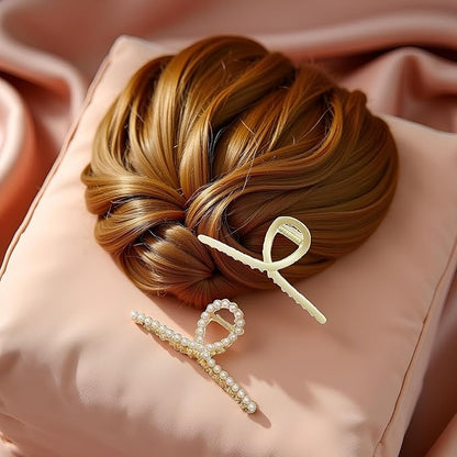 2 Pack Matte Gold and Pearl Hair Claws for Women: Large Metal Clips with Pearls for Thick Hair - Non-Slip Crab Claws and Strong Cross Barrettes