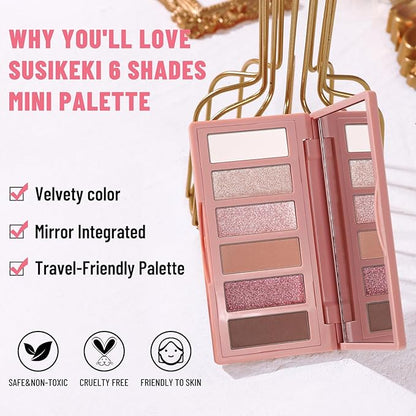 6 Colors Mini Eyeshadow Makeup Palette Blush-colored Neutral Tone Eye Shadow Matte & Shimmer Nude Make Up Pallet with Mirror Blendable Highly Pigmented Travel Size Gift Kit 03