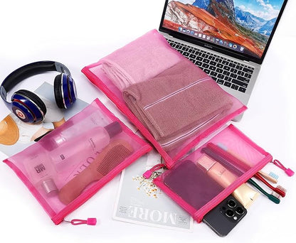 12 Pieces Zipper Nylon Mesh Pouch, Mesh Cosmetic Bags Makeup Bags Pencil Case, Multipurpose Travel Bags for Cosmetic School Office Supplies and Travel Accessories (Light Pink, Assorted Sizes)