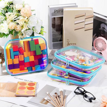 Hoolerry 4 Pcs Hard Clear Zipper Case Makeup Bags Plastic Pencil Pouch Transparent Storage Box Containers for Cosmetics, Snacks, Building Blocks, Puzzles(Blue Laser,9.8 x 7.9 x 2 in)