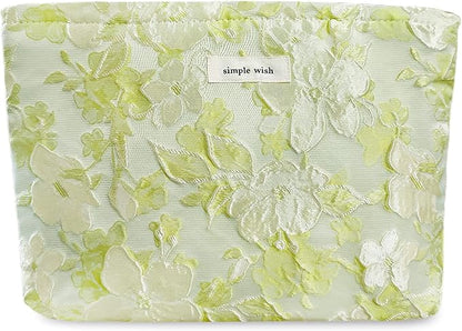 STARDW Aesthetic Floral Makeup Bag Cute Small Cosmetic Bags for Women Girls, Travel Toiletry Bag Large Capacity Zipper Makeup Pouch, Purse Organizer Pouches (Embossed green)