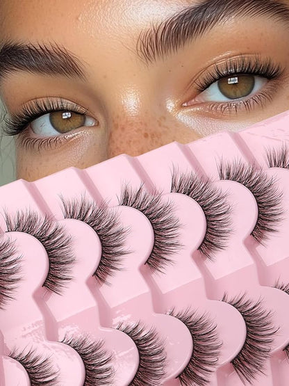 Eyelashes Natural Cat Eye Lashes 16mm Flase Eyelashes Flared Strip Lashes Fluffy False Lashes That Look Like Extensions C Curl Wispy Lashes Siligli Soft Lashes Pack 7 Pair