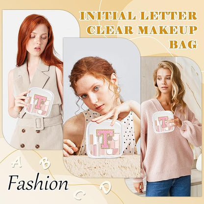 Personalized Initial Letter Clear Preppy Makeup Bag,Mini Nylon Chenille Letter Cosmetic Bag Cute Zipper Pouch Purse for Teen Girls,Portable TSA Approved Beach Travel Essentials Bag Gift for Women,T