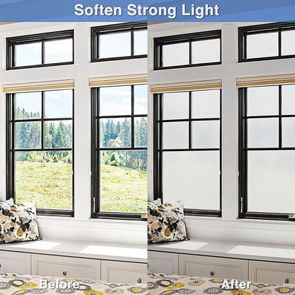 Volcanics Frosted Glass Window Privacy Film with Installation Tools, Removable Static Cling Bathroom Window Film, Heat Control UV Blocking, Peep-Proof, Ideal for Home Office 35.4 x 118 Inches