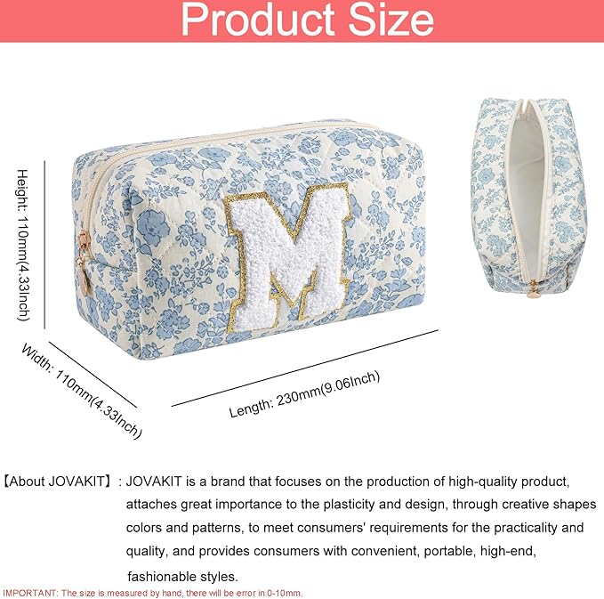 JOVAKIT Alphabet Makeup Bag Cosmetic Bag for Women, Christmas Gifts for Girls Age 6-18, Floral Flowers Coquette Travel Toiletry Zipper Make Up Pouch Organizer Trendy Stuff (2Pcs Blue Floral M)