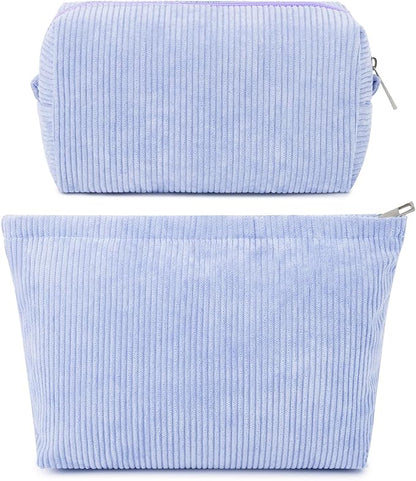 SOIDRAM 2 Pcs Corduroy Makeup Bag Large Cosmetic Bag Toiletry Bag Makeup Pouch Travel Bag Organizer Cute Makeup Brushes Aesthetic Accessories Storage Bag for Women Blue