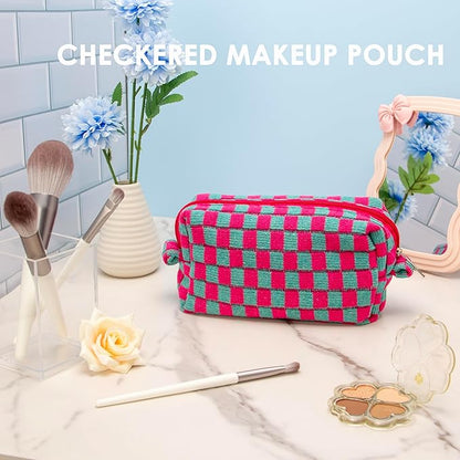 PAZIMIIK Checkered Makeup Bag for Purse Portable Zipper Make Up Pouch Small Cosmetic Case for Travel Accessories (6PCS Magenta Green)