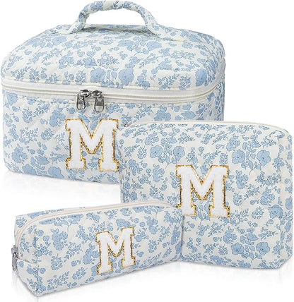 Initial Makeup Bag Set, Personalized Quilted Makeup Bag, Large Floral Cosmetic Bag for Women, Cute Cotton Custom Make up Bags, Flower Travel Toiletry Bag Teen Girl Gift Blue Flower M