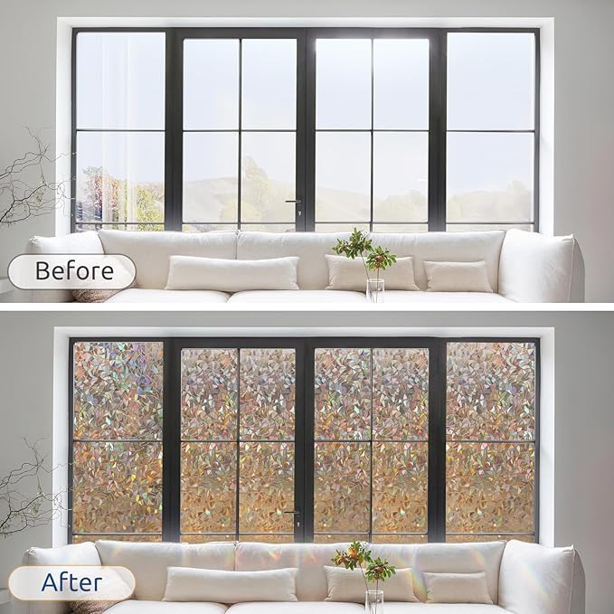 rabbitgoo Window Privacy Film Rainbow Film Decorative Window Sticker, 3D Static Stained Glass Cling Tint for Home Heat Control Non-Adhesive, Brown, 23.6 x 78.7 inches