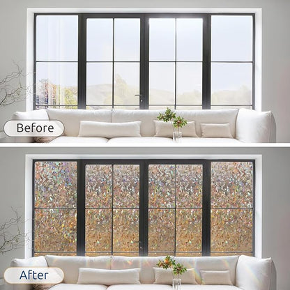 rabbitgoo Window Privacy Film Rainbow Film Decorative Window Sticker, 3D Static Stained Glass Cling Tint for Home Heat Control Non-Adhesive, Brown, 17.5 x 118.1 inches