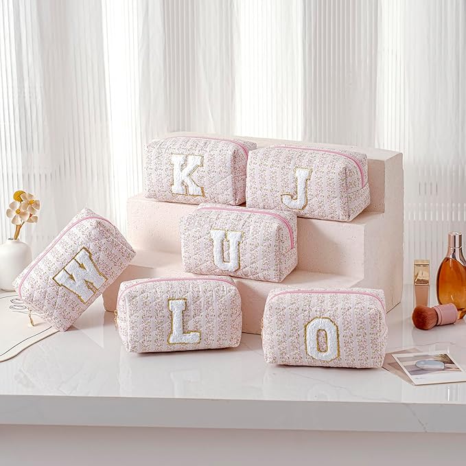 JOVAKIT Makeup Bag Cosmetic Bags for Women, Christmas Gifts for Girls Age 6-18, Alphabet Pink Floral Coquette Zipper Travel Makeup Pouch, Organizer Case Trendy Stuff (Pink Floral P)