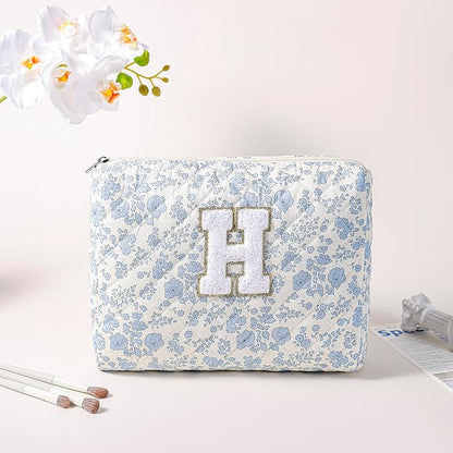 Alphabet Makeup Bag Cosmetic Bag for Women, Christmas Gifts for Age 11-18, Personalized Floral Coquette Travel Bag, Trendy Stuff Zipper Make Up Pouch Organizer Bag (Blue Floral H)