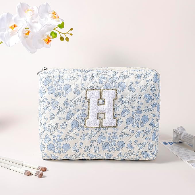 JOVAKIT Alphabet Makeup Bag Cosmetic Bag for Women, Christmas Gifts for Girls Age 6-18, Floral Flowers Coquette Travel Toiletry Zipper Make Up Pouch Organizer Trendy Stuff (2Pcs Blue Floral H)
