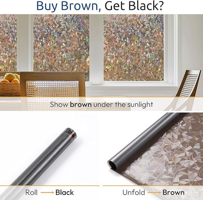 rabbitgoo Window Privacy Film Rainbow Film Decorative Window Sticker, 3D Static Stained Glass Cling Tint for Home Heat Control Non-Adhesive, Brown, 17.5 x 118.1 inches
