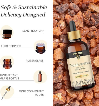 Avatra Frankincense Essential Oil 100ML (3.38 OZ) with Glass Dropper and Travel Bottle, Pure and Natural Therapeutic Grade Frankincense Oil for Diffuser, Aromatherapy, Massage, and DIY Candle Products
