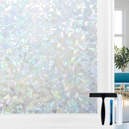 Volcanics Rainbow Window Privacy Film with Installation Tools, Decorative Stained Glass Window Film, Static Cling Heat Control Window Tinting Film Stickers, Grayish Silver, 17.5 x 78.7 inches