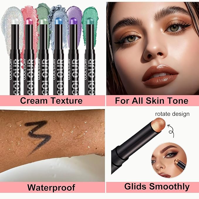 Black Eyeshadow Stick, Black Glitter Eyeshadow Pencil, black Cream Shimmer eyeshadow, Waterproof Long Lasting High Pigment Eye Shadow Crayon Pen, Women Multi-Dimensional Eye Highlighter Stick (17#)