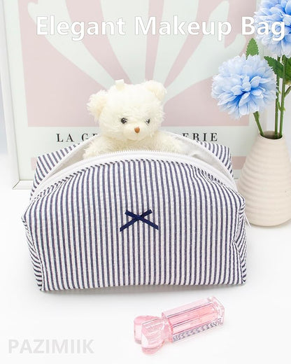 PAZIMIIK 6PCS Cozy Makeup Bag Small Aesthetic Travel Zipper Cosmetic Pouch for Women Make Up Beauty Accessories Brushes, Stripe Navy Blue