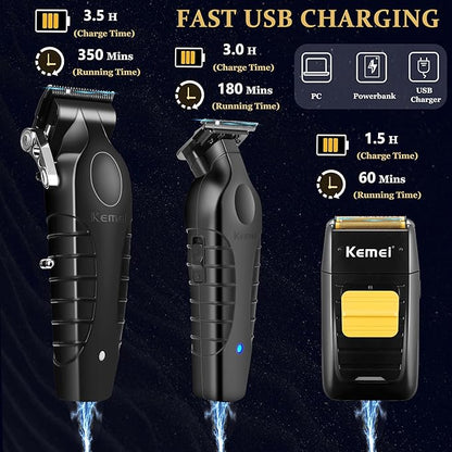 KEMEI Professional Hair Clipper and Trimmers Set, Cordless Barber Clippers, Beard Trimmer, Electric Foil Shaver with Replacement Heads, KM-2299, KM-2296, KM-1102