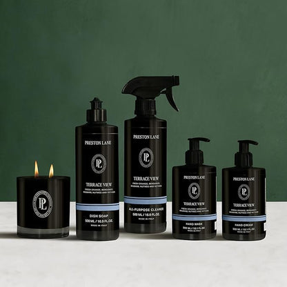 Preston Lane Signature Home Set – All Purpose Cleaner, Dish Soap, Hand Wash, Hand Cream & Scented Candle | Plant-Powered Cleaning & Care Essentials with Fine Italian Fragrance, Terrace View
