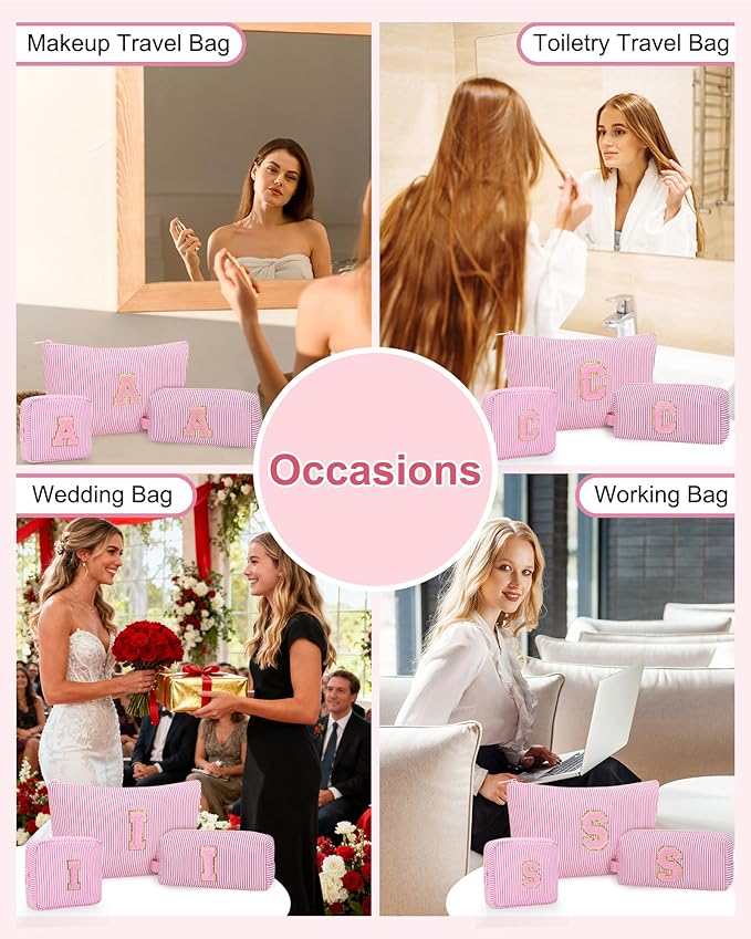 MONSTINA Personalized Initial Makeup Bag for Women,Make Up Case for Girlfriend Bridesmaid Wife,Birthday Gift for Her Cute Toiletry Bag,3PCS,Pink G
