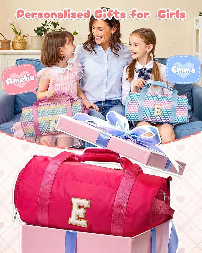 Gift for Grandkids, Girls Travel Duffel Bag, Kids Initial Overnight Bags with Shoe Compartment, Customized Sport Gym Weekender Bag with Makeup Pouch, 5 Year Old Girl Birthday Gift (Letter K)