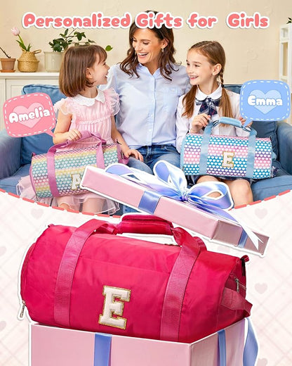 Trendy Stuff for Tweens, Girls Travel Duffel Bag, Kids Initial Overnight Bags with Shoe Compartment, Customized Sport Gym Weekender Bag with Makeup Pouch, Birthday Gift for Teens (Letter P)