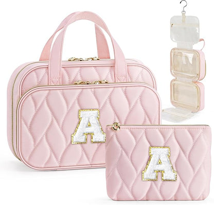 YOOLIFE Hanging Toiletry Bag Makeup Bag for Women Girls, Initial Toiletry Bag Cosmetic Bag, Personalized Birthday Gifts for Women Teen Girls Letter Pink A
