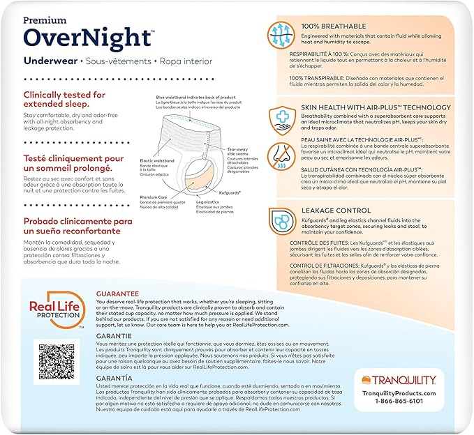 Tranquility Premium Overnight Disposable Absorbent Underwear (14 Count) - XL, 48-66 in. Waist - Maximum Absorbency, All-Night Sleep, Breathable Comfort, Adult Diapers