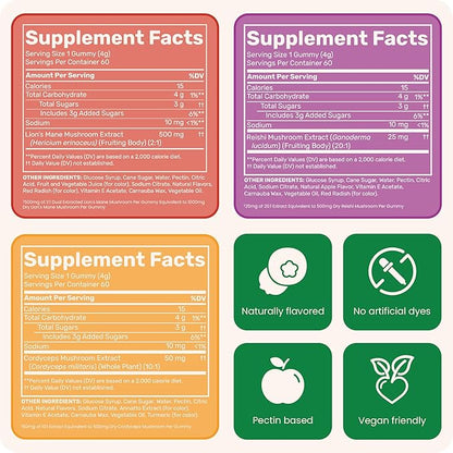 Fungies Mushroom Gummy 3-Pack Bundle, Lion's Mane, Cordyceps & Reishi Gummies for Adults - Mushroom Gummies Supports Brain Health, Gut Health, Energy & Daily Wellness - 180 Servings