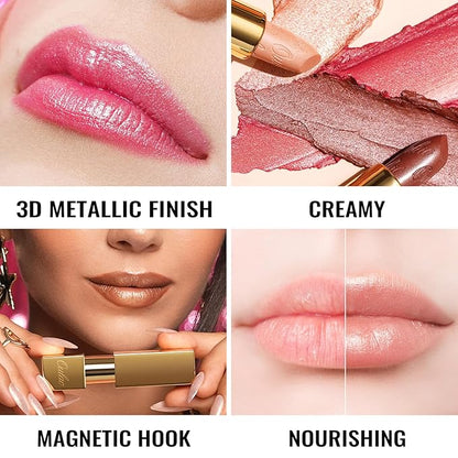 Oulac Pink Lipstick for Women with Metallic 3D Shine Lightweight Hydrating Formula, High Impact Lip Color, Vegan Beauty, Full Coverage Lip Makeup, Christmas Gifts for Women, Cosmopolis(01)