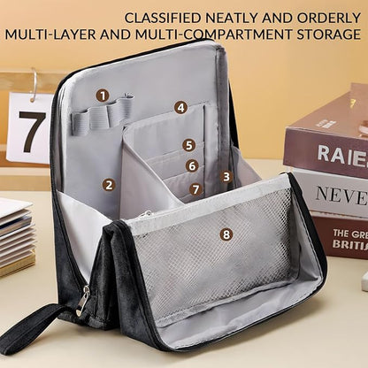 Makeup Bag,Standing Makeup Bag – Portable,Large Capacity Multi-purpose Large Capacity Oxford Cloth Standing Makeupbag Portable, Aterproof,Compartments and Handle (Beige)