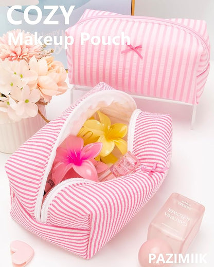 PAZIMIIK 6PCS Cozy Makeup Bag Small Aesthetic Travel Zipper Cosmetic Pouch for Women Make Up Beauty Accessories Brushes, Stripe Hotpink