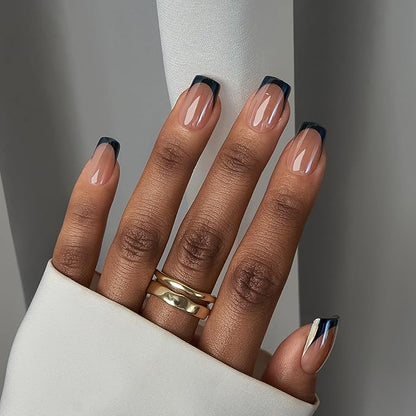 BTArtbox Press on Nails Short Square - Black Chrome French Tip Press On Nails, Glazed Glue On Nails for Women Gifts, Natural Stick On Nails in 15 Sizes - 30 Fake Nails Kit, Braveheart