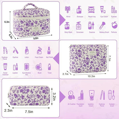 3Pcs Cotton Quilted Makeup Bag for Women Girls Large Small Travel Portable Cosmetic Bag Set Cute Purple Floral Zipper Make Up Pouch Coquette Aesthetic Storage Toiletry Organizer Case