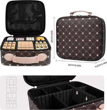 Travel Makeup Bag,Waterproof Cosmetic Organizer, Adjustable Dividers,Portability Cosmetic Train Case,Makeup organizer,Gift for Women,Girls Gift (Coffee+Pink)