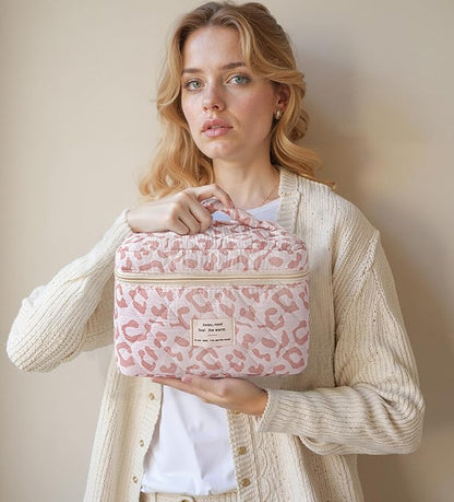 HBselect Quilted Makeup Bag, 3PCS Cotton Large Travel Makeup Bag, Cute Floral Coquette Make up Bag Cosmetic Bag Toiletry Bag for Women Girls