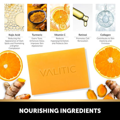 VALITIC Kojic Acid Vitamin C and Retinol Soap Bars with Turmeric for Dark Spot - Original Japanese Complex with Collagen, Hyaluronic Acid, Vitamin E (2-Pack) - with Soap Holder