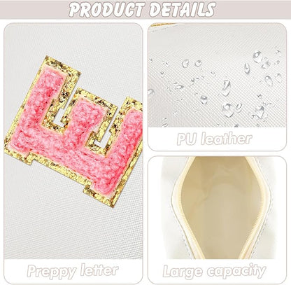 Initial Makeup Bag Personalized Preppy Travel Small Cosmetic Bag Cute PU White Chenille Letter Makeup Pouch for Purse Waterproof Zippered Toiletry Organizer for Women Girls Kids Friends (E)