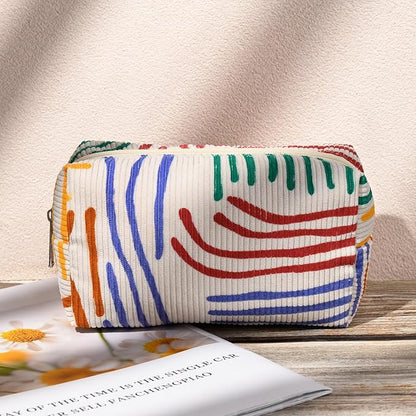 SOIDRAM 2 Pieces Stripes Makeup Bag Large Corduroy Cosmetic Bag Capacity Canvas Mix Travel Toiletry Bag Organizer Cute Makeup Brushes Aesthetic Accessories Storage Bag for Women, Stripes Mix Colorful
