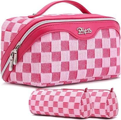 BOYATU Travel Makeup Bag for Women: Large Cosmetic Bag Set of 3 - PU Leather Make up Bag with Compartments - Compact Waterproof Toiletry Bag with Divider & Handle (D-4-Red)