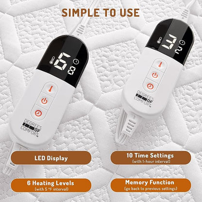 King Size Heated Mattress Pad - Degrees of Comfort Electric Bed Warmer with Dual Controllers, 6 Heating Levels, 10-Hour Auto Shut-Off, Breathable Air-Layer, 78"x80"