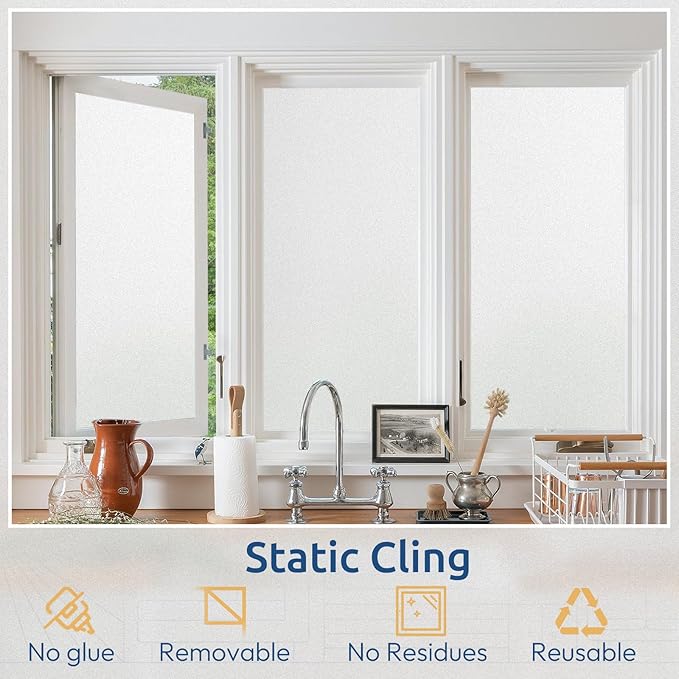 rabbitgoo Window Privacy Film, Non-Adhesive Frosted Glass Window Film for Bathroom, Static Cling Heat Blocking Stickers for Home Indoor Opaque Frosting Coverings House Tint, Matte White 29.5" x 78.7"