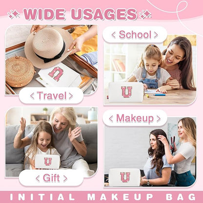 Small Initial Patch Makeup Bag Personalized Gifts Make Up Bag,White Cute PU Leather Glitter Letter Cosmetic Bag with Zipper,Trendy Portable Travel Toiletry Pouch,Preppy Stuff for Teen Girls Women U